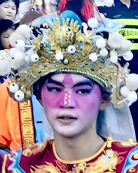 粉红底的脸谱,额心一道白折线,金冠上缀满白绒球