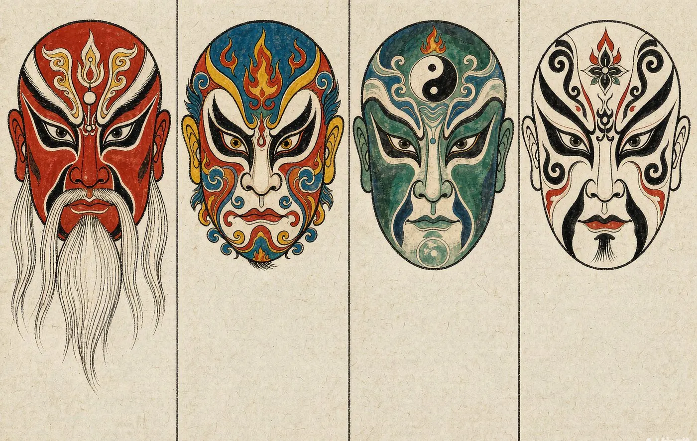 四張臉譜示意:紅臉長鬚、花面、青綠紋、白麵黑紋